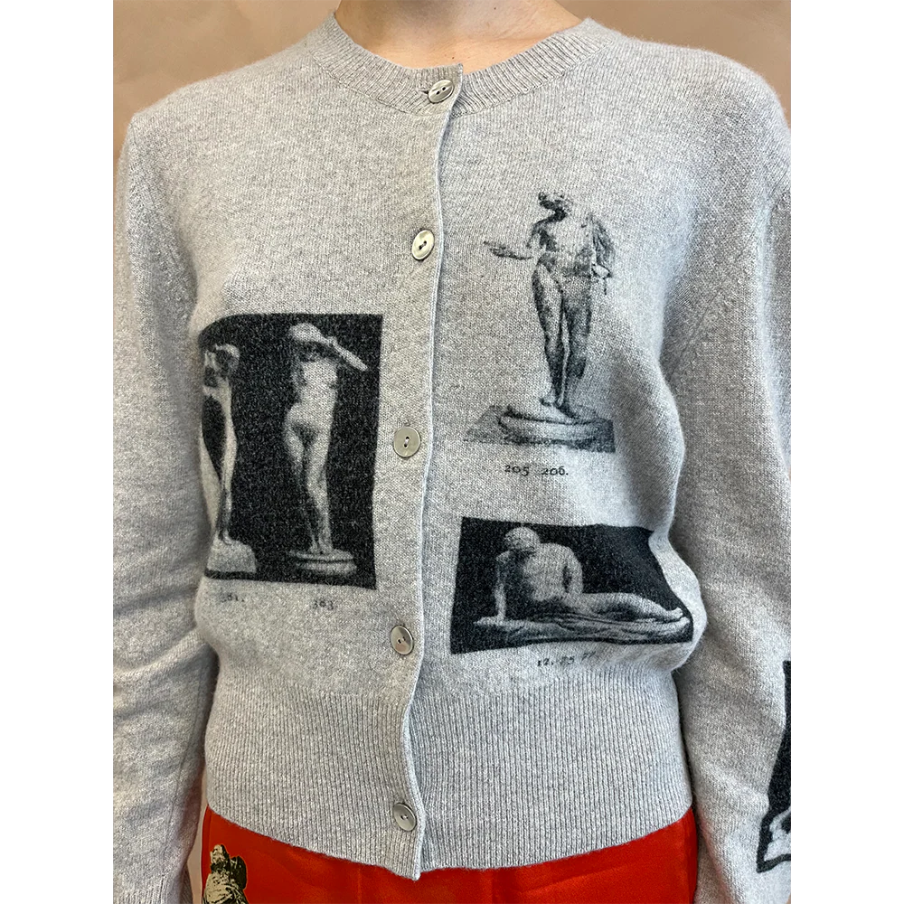 HADES Narcissus Cardigan Slate and Black printed with Greek mythology statues Narcissus Ariadne Venus de Milo as worn by Paul Mescal Gladiator