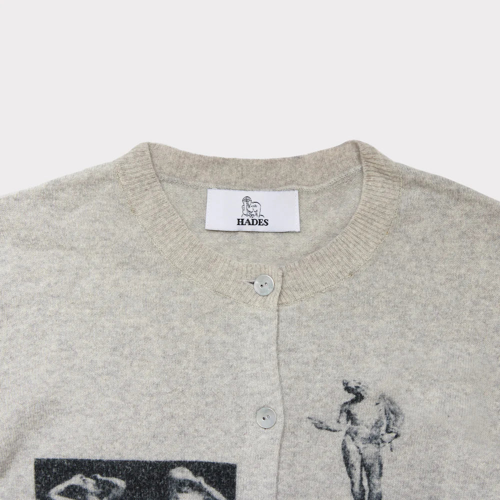 HADES Narcissus Cardigan Slate and Black printed with Greek mythology statues Narcissus Ariadne Venus de Milo as worn by Paul Mescal Gladiator