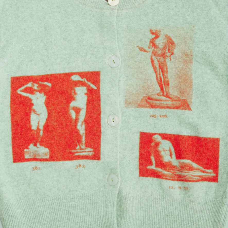 The Narcissus cardigan by UK brand HADES in turquoise and red 100% wool paul mescal gladiator