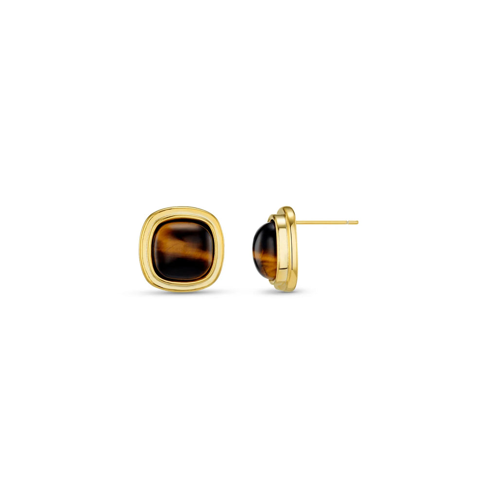 orelia Semi-Precious Tiger's Eye Square Stud Earrings gold