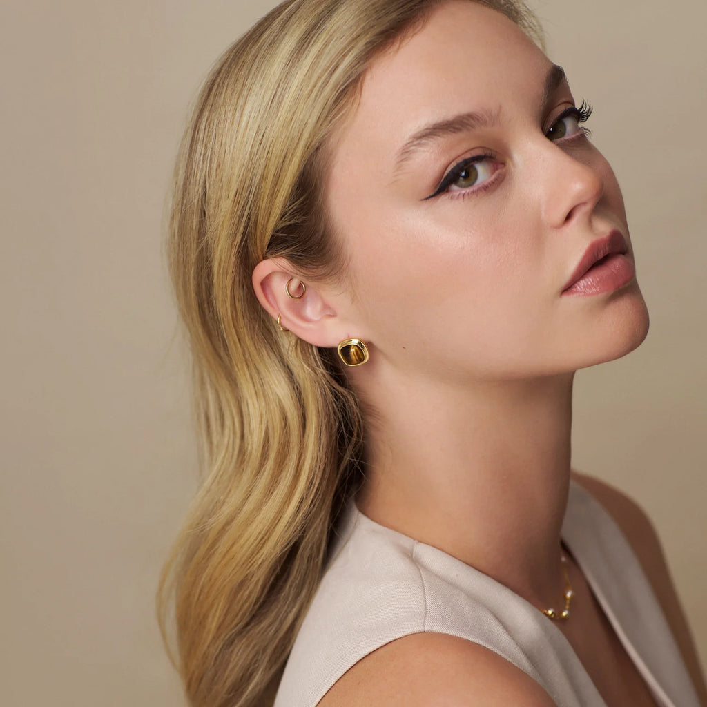 orelia Semi-Precious Tiger's Eye Square Stud Earrings gold