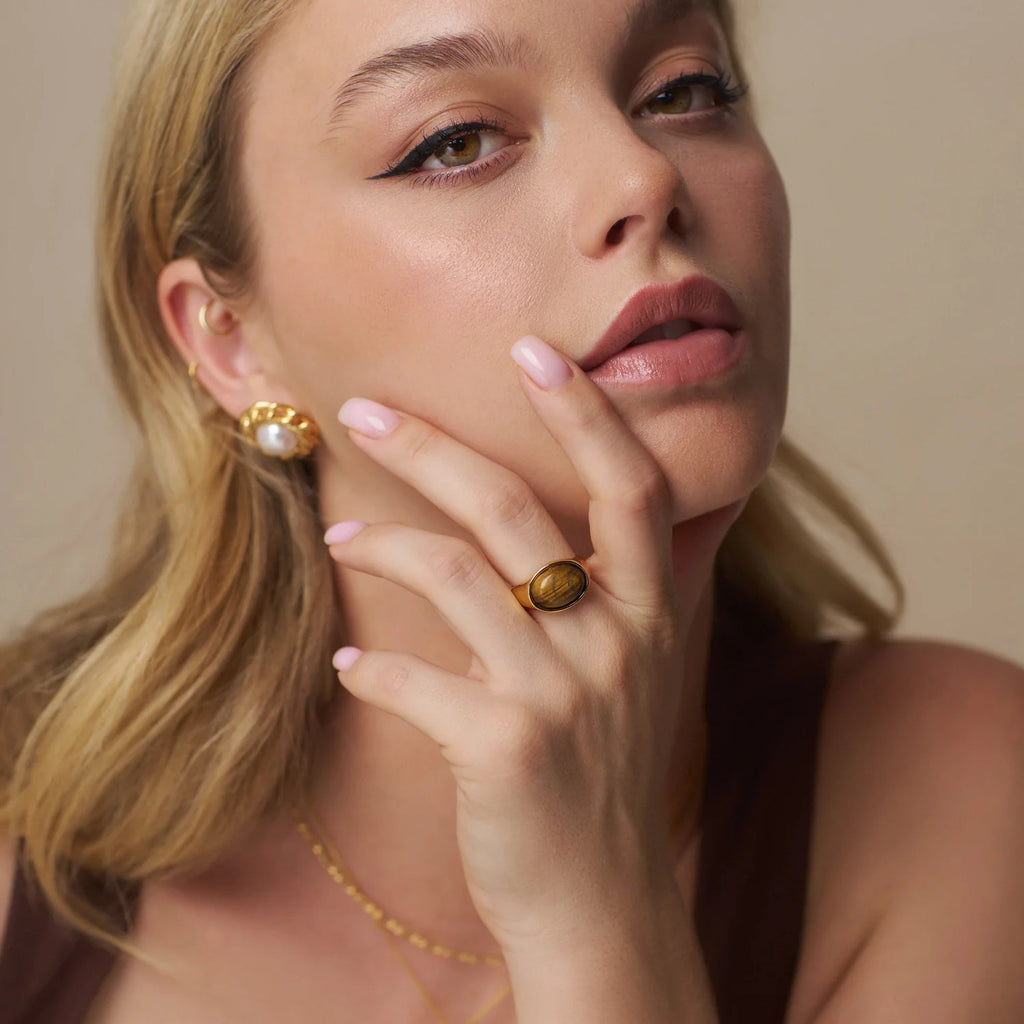orelia Semi-Precious Tiger's Eye Statement Ring Gold