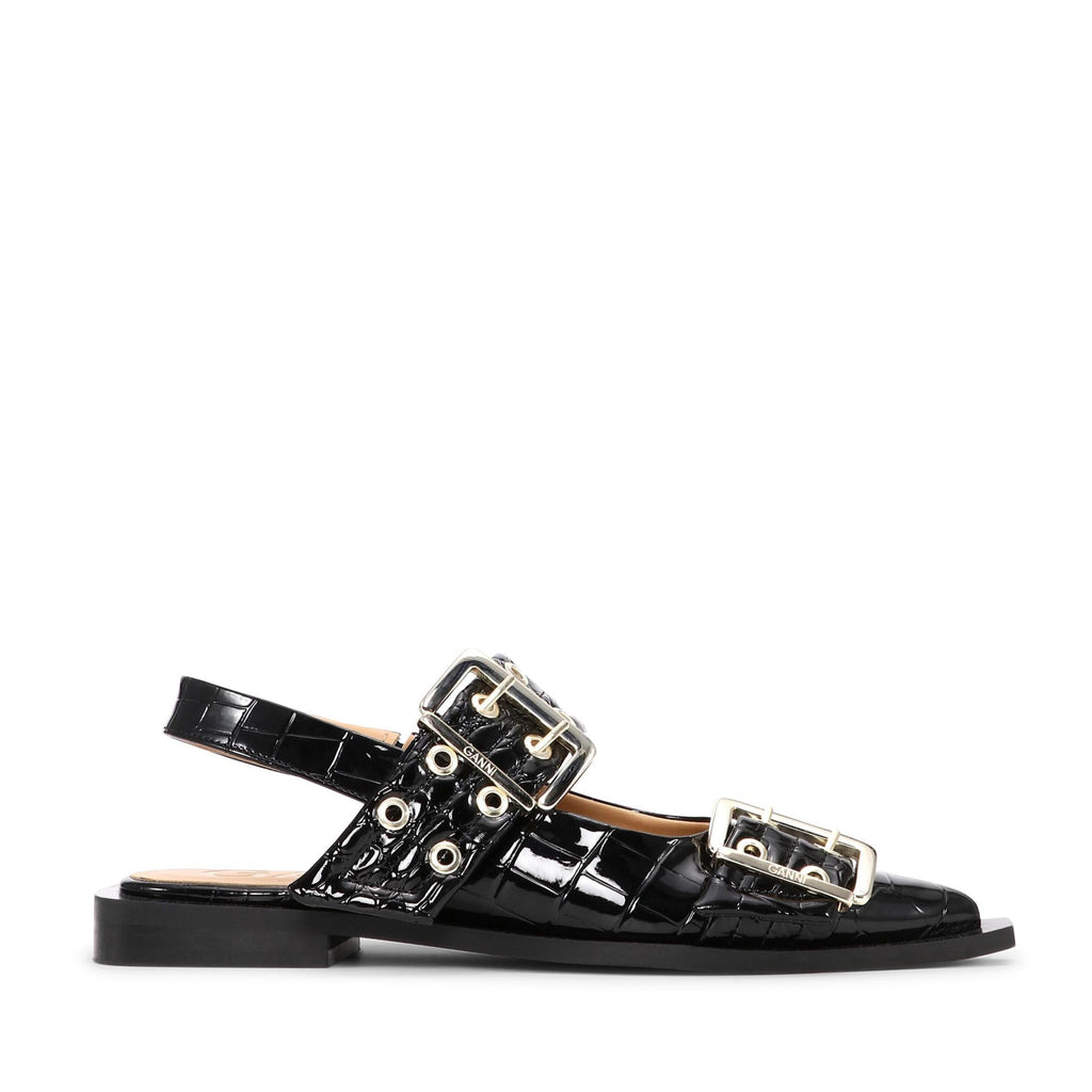 ganni buckle ballet flats black patent croc croco gold buckles