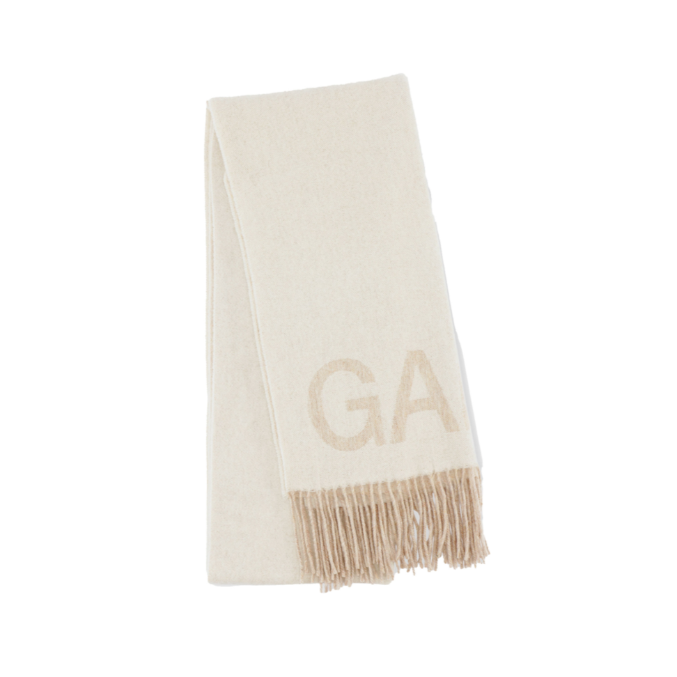 GANNI blanket fringed oversized scarf wool cream egret logo