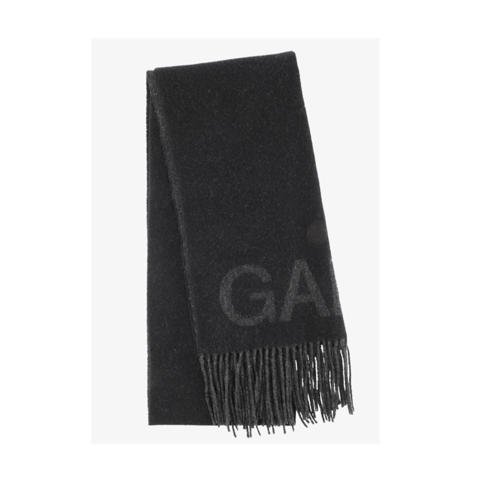 ganni blanket fringed oversized scarf wool black charcoal logo