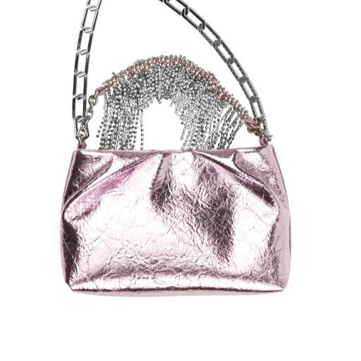 metallic lunar baby pink cruz shoulder bag with diamante handle and chain strap by stine goya