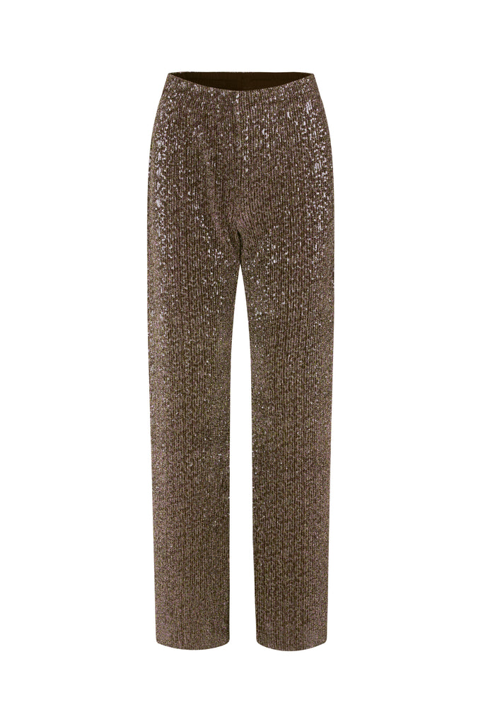 holographic grey pink sequinned markus loose pull on trousers by stine goya