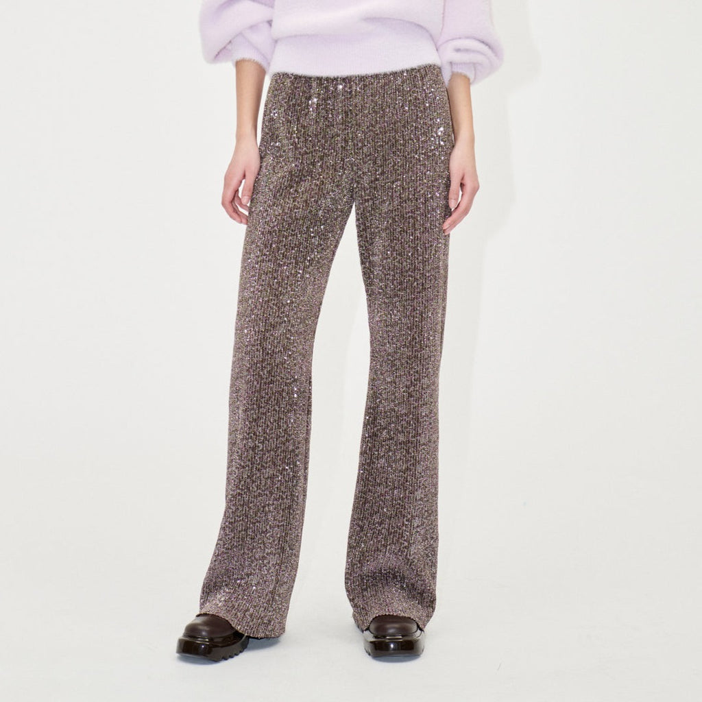 holographic grey pink sequinned markus loose pull on trousers by stine goya