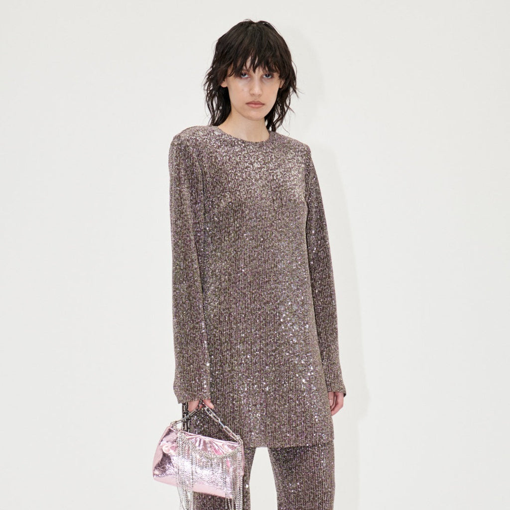 holographic grey pink sequinned odis long sleeve pull on tunic dress by stine goya