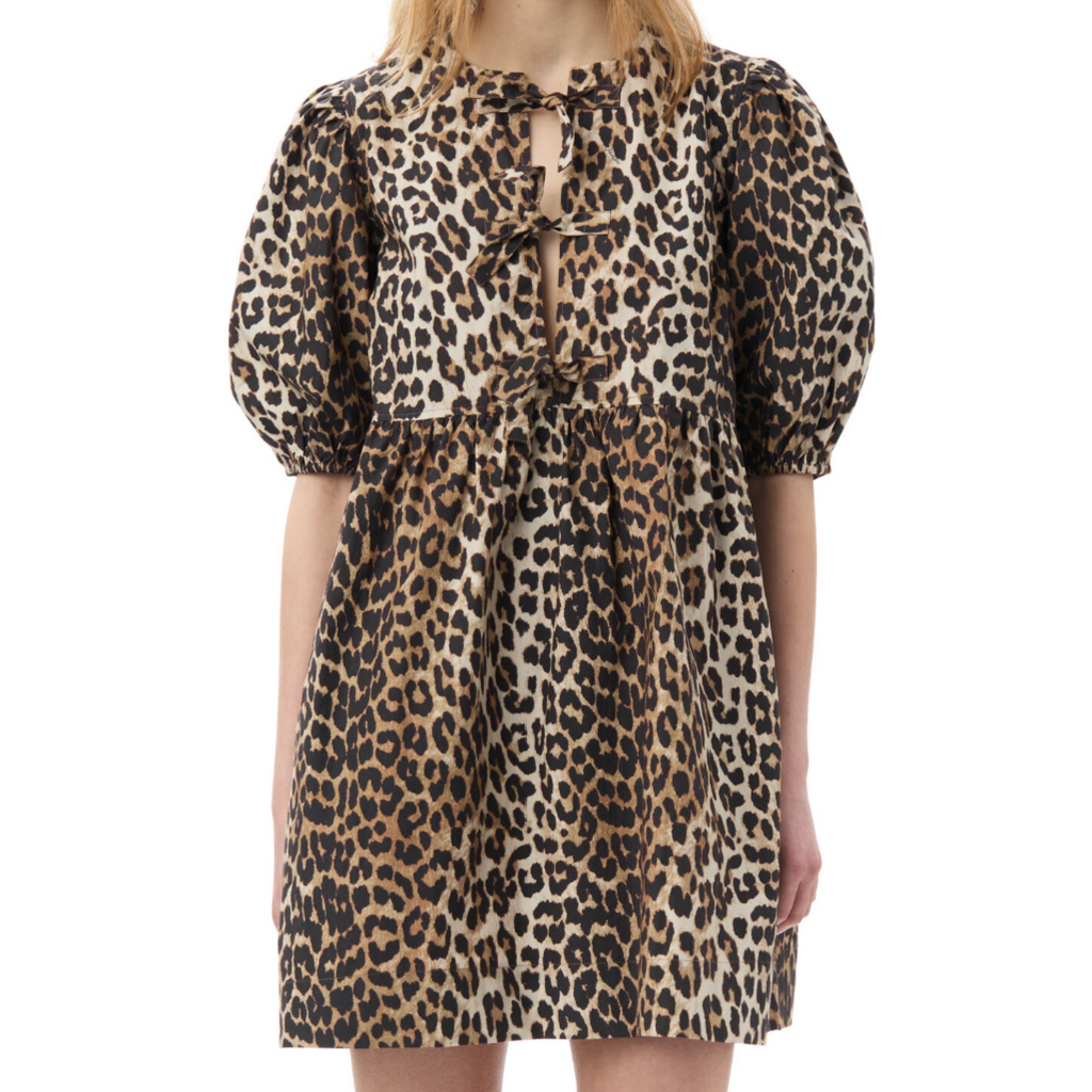 ganni cotton tie front string brown leopard print puff sleeve mini dress