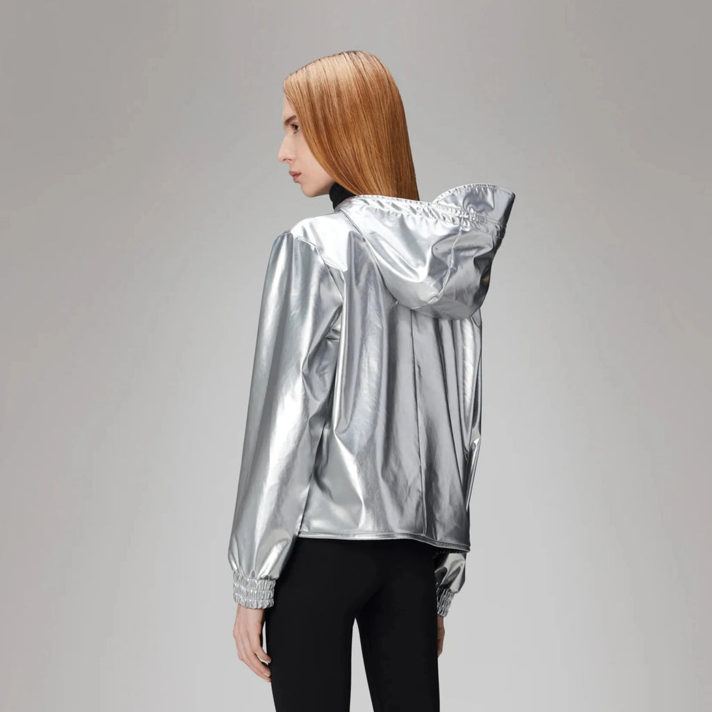 Rains cropped string waterproof jacket with hood mirror silver