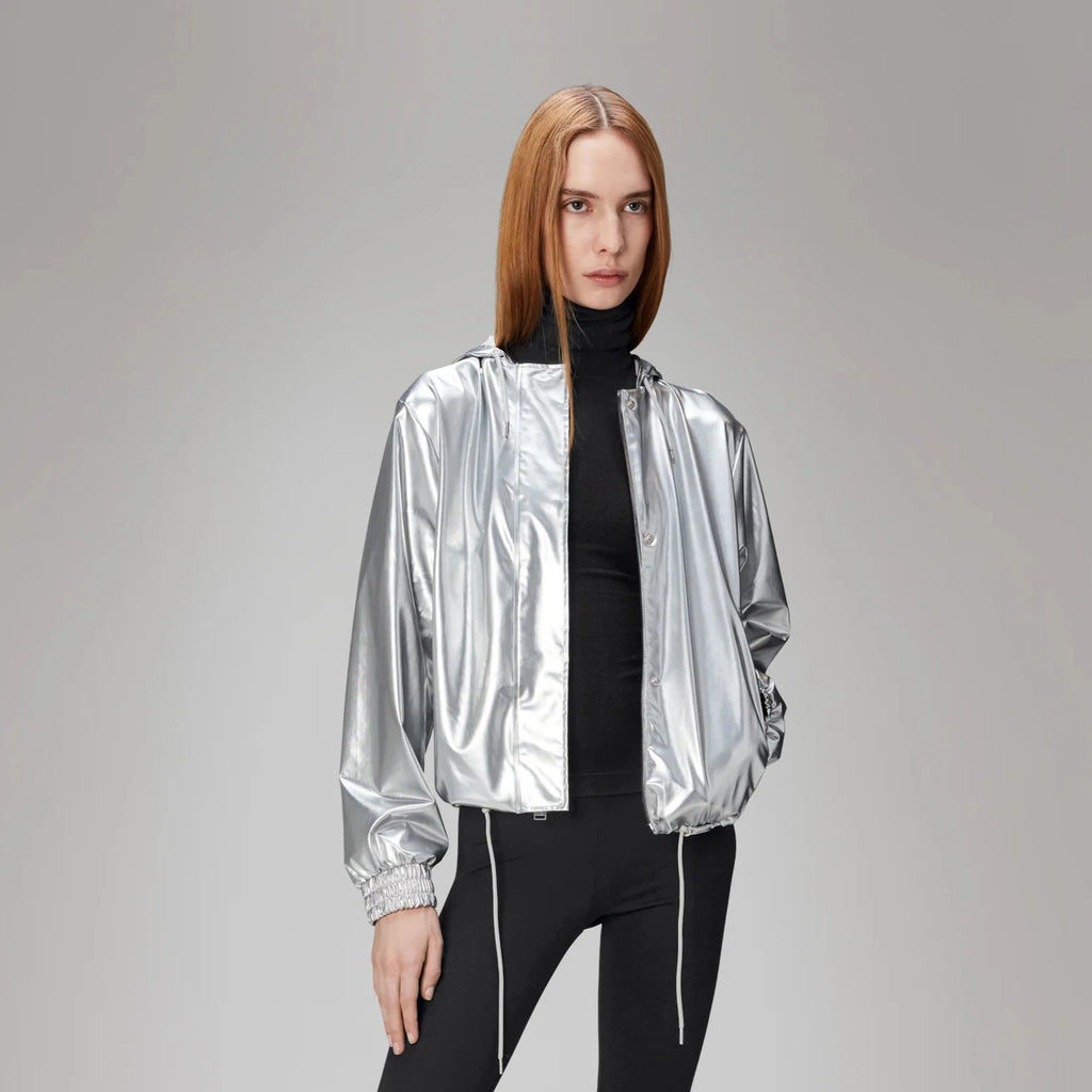 Rains cropped string waterproof jacket with hood mirror silver