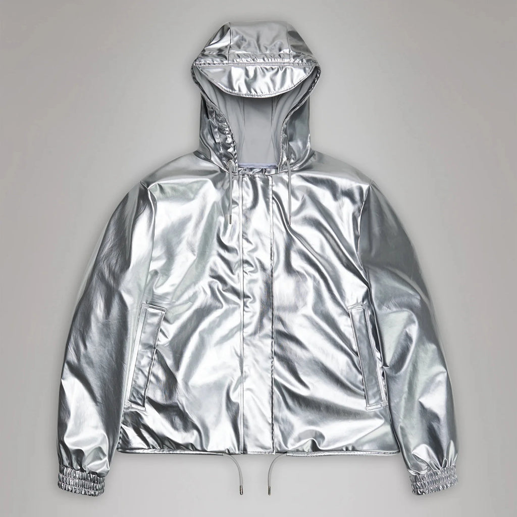 Rains cropped string waterproof jacket with hood mirror silver