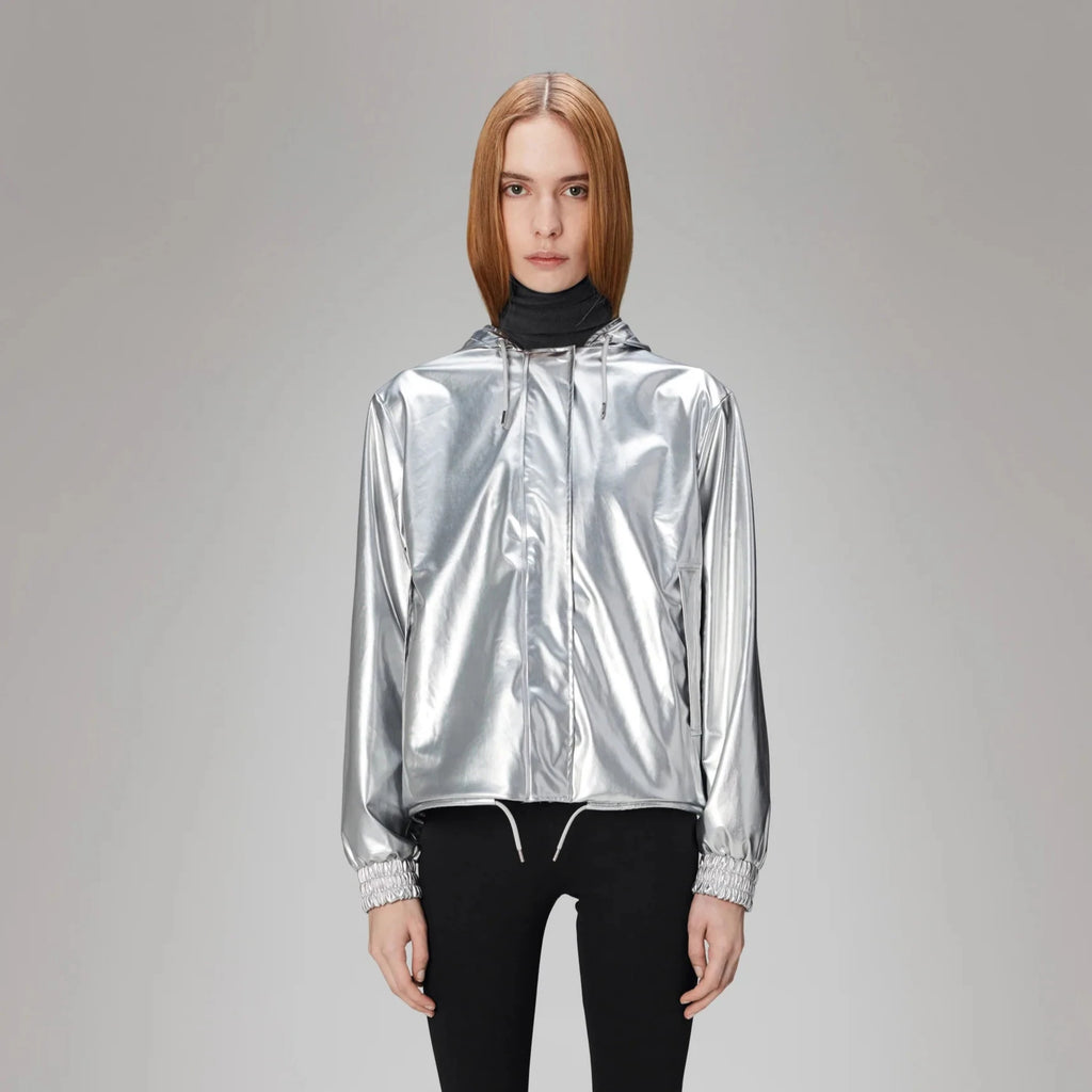 Rains cropped string waterproof jacket with hood mirror silver