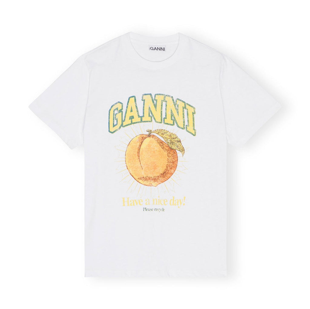 GANNI relaxed peach tee t-shirt fruit graphic logo have a nice day please recycle