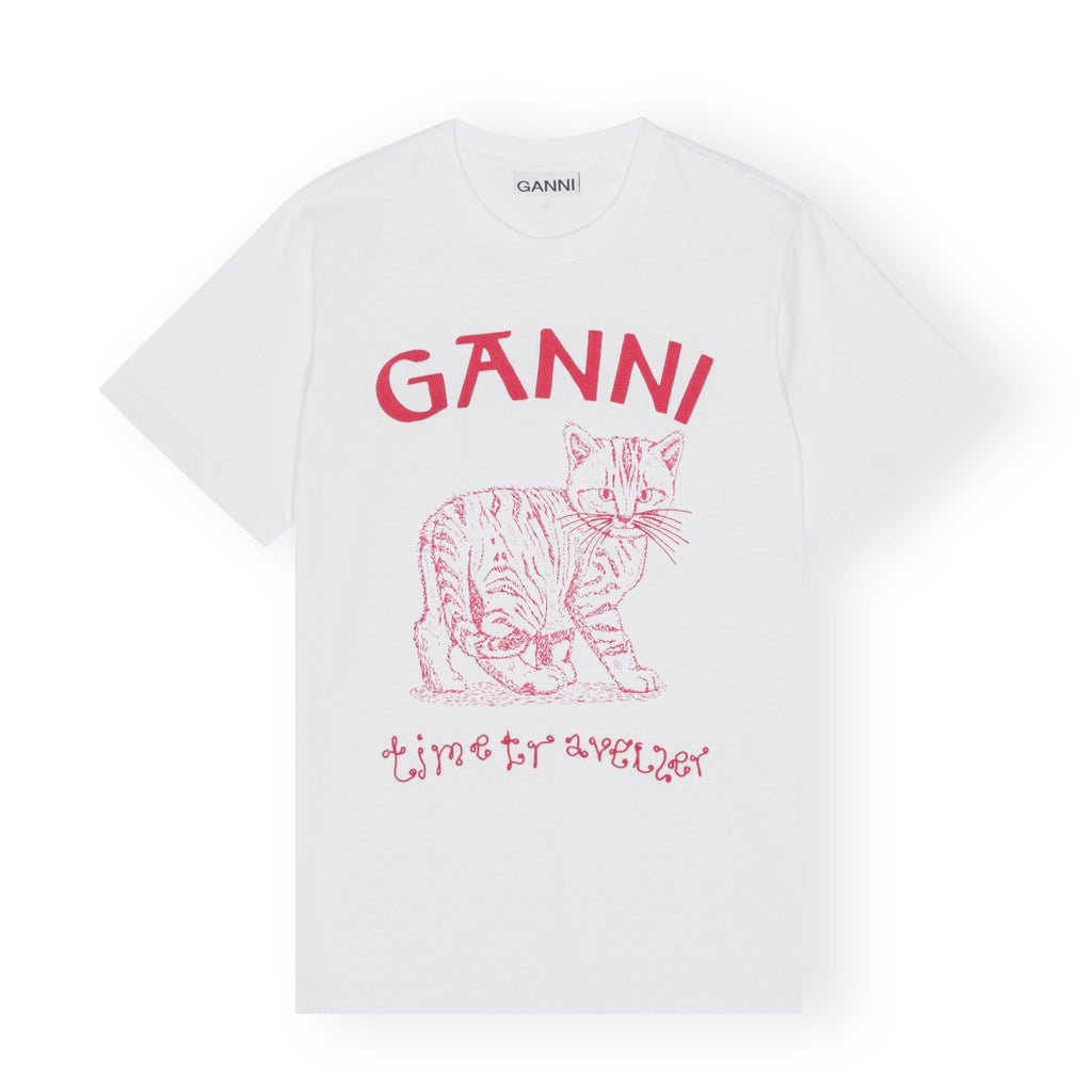 white relaxed embroidered Time Traveller Cat embroidery t-shirt by Ganni logo