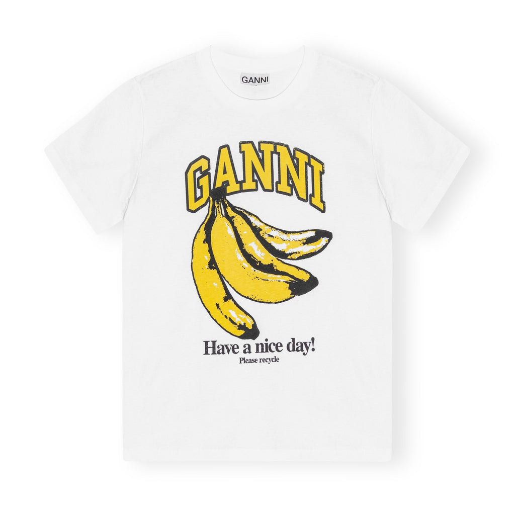relaxed white cotton t-shirt with banana graphic by Ganni