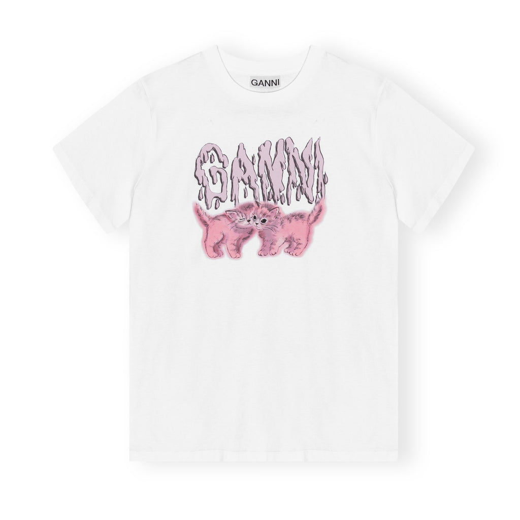 relaxed white cotton t-shirt with pink cat motif by Ganni