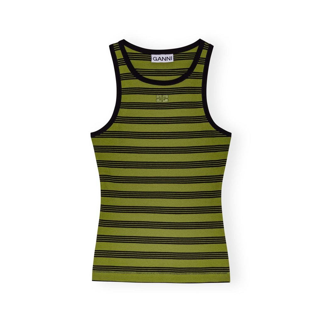 GANNI soft cotton rib ribbed racer back vest tank top singlet green black stripe logo golden cypress