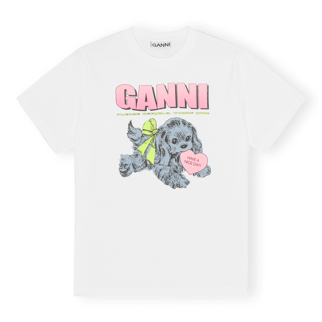 ganni neon puppy dog print logo tee t-shirt white organic cotton