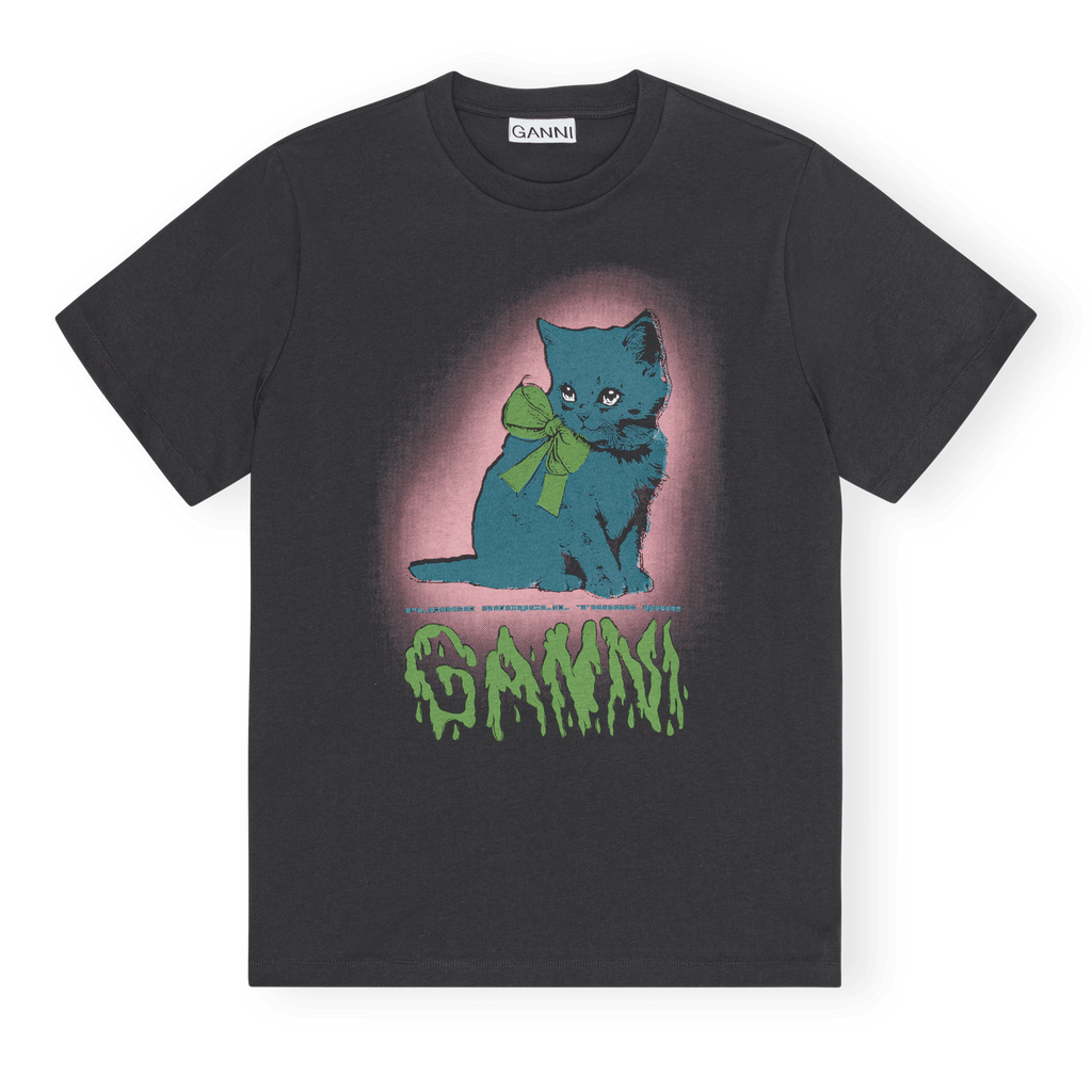 ganni graphic print logo tee t-shirt phantom black neon kitty cat print slime