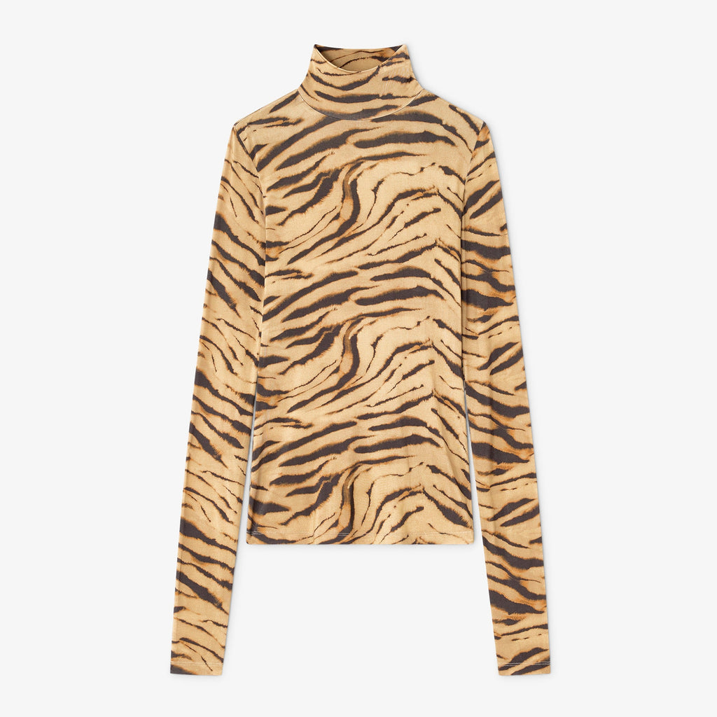 GANNI tiger-print jersey turtleneck long sleeve top