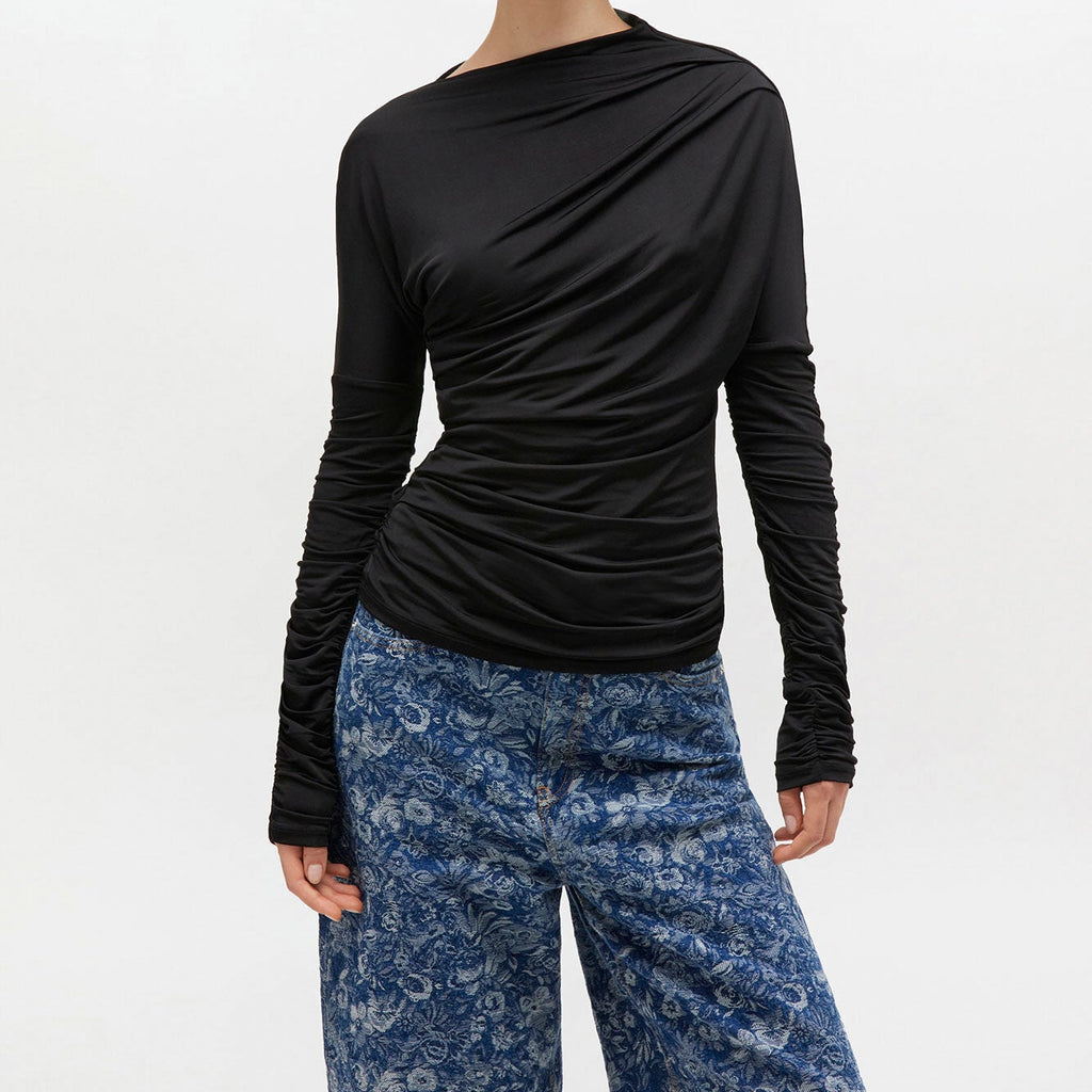 GANNI ruched long sleeve top black