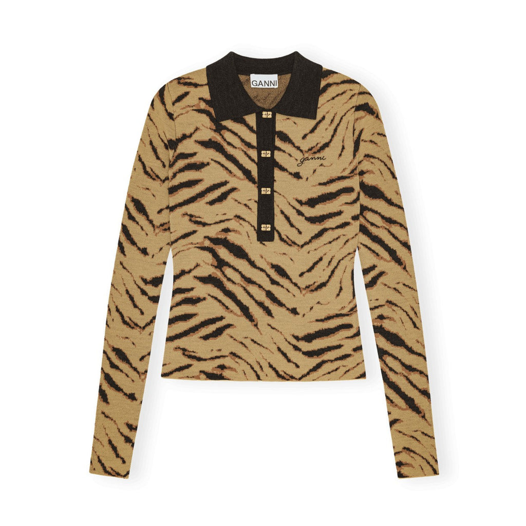 GANNI fine merino jacquard polo knitted jumper tiger print