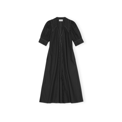black cotton v-neck dress with contrast white stitching by Ganni