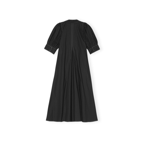 black cotton v-neck dress with contrast white stitching by Ganni