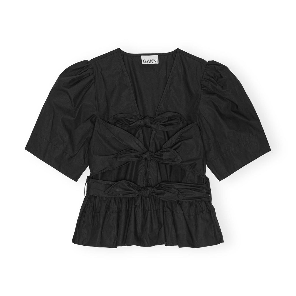 GANNI Black Stretch organic Cotton Tie Strap Blouse puff sleeve V neck