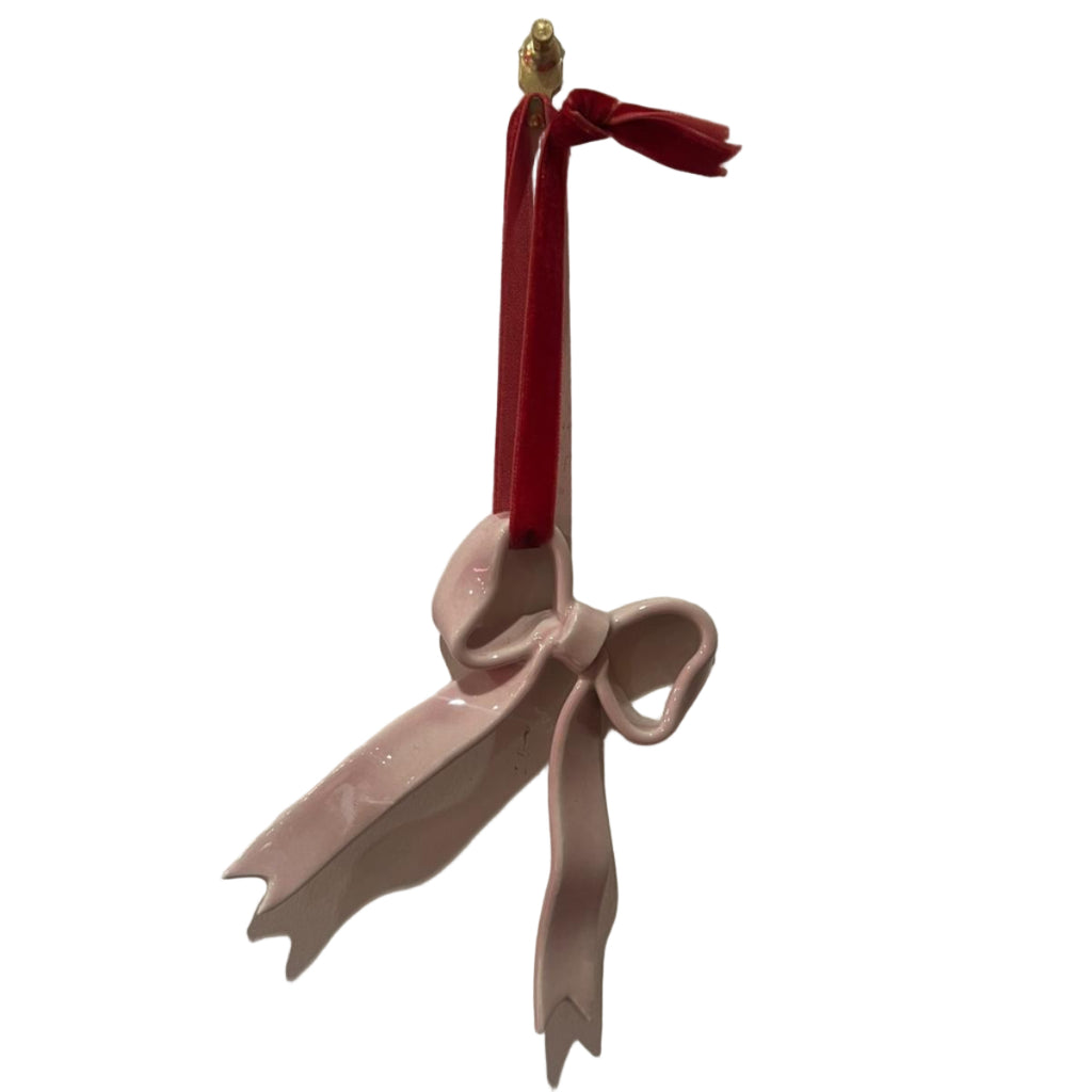 Hand-made ceramic bow Xmas tree decoration by Superfluities PINK