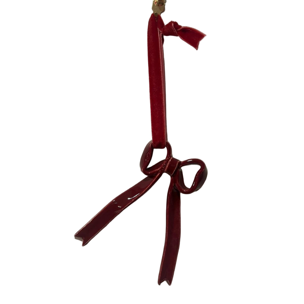 Hand-made ceramic bow Xmas tree decoration by Superfluities BURGUNDY