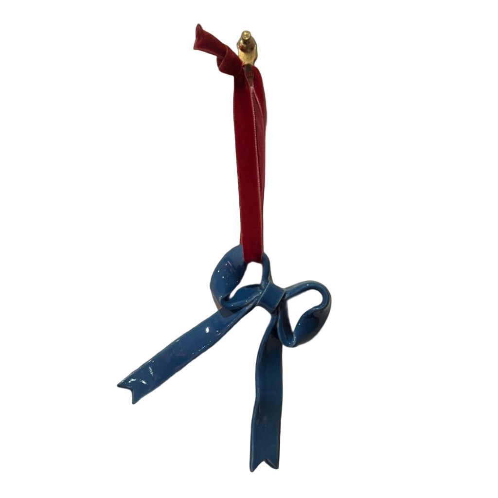 Hand-made ceramic bow Xmas tree decoration by Superfluities COBALT BLUE