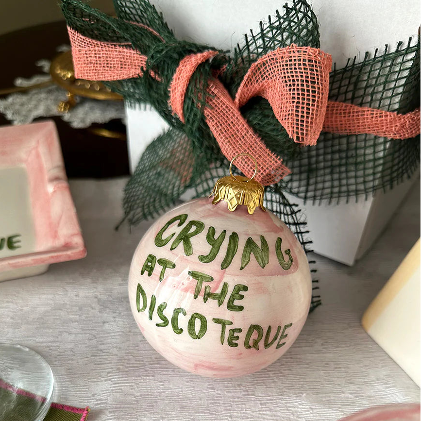 The I Saw You Crying at the Discoteque ceramic Christmas bauble by Musae Studio Italy