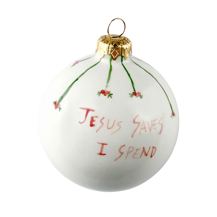 The Jesus Saves I Spend ceramic Christmas bauble by Musae Studio Italy