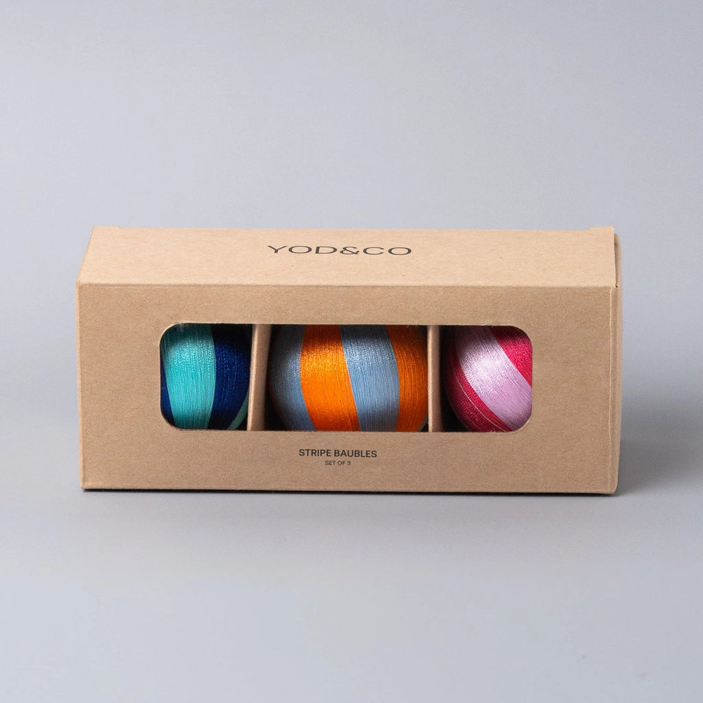 Yod & co Medium Stripe Christmas Baubles (Set of 3) boxed Multi-colour