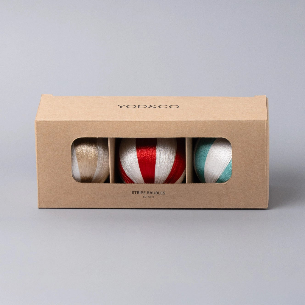 yod & co Medium Stripe boxed Christmas Baubles (Set of 3) Multi-colour & White