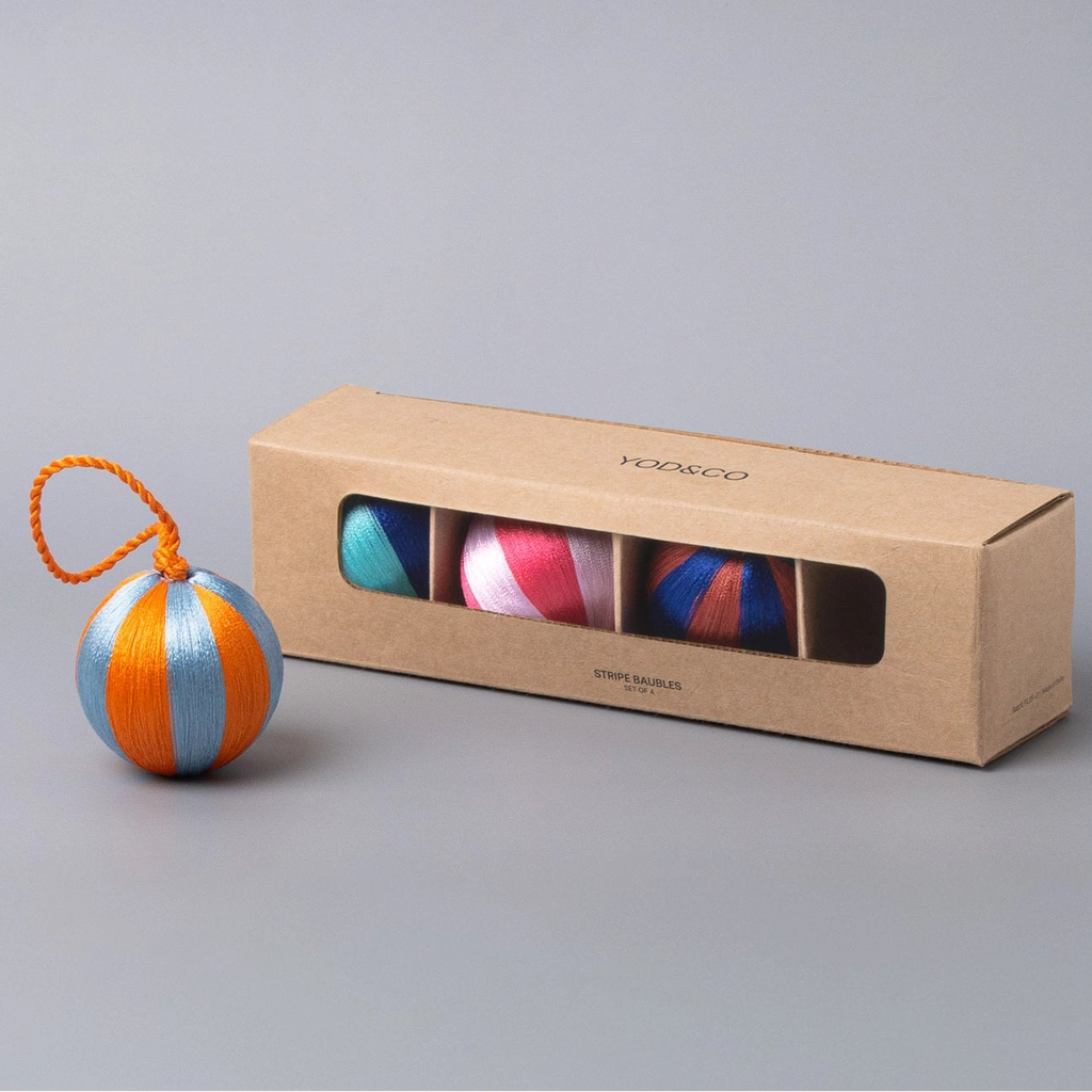 Yod & co Small Stripe boxed Christmas Baubles (Set of 4) Multi-colour
