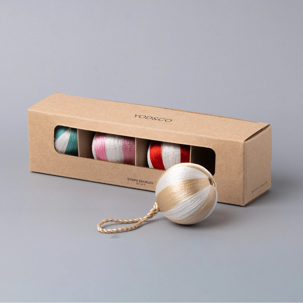 Yod & Co Small Stripe boxed Christmas Baubles (Set of 4) Multi-colour & White
