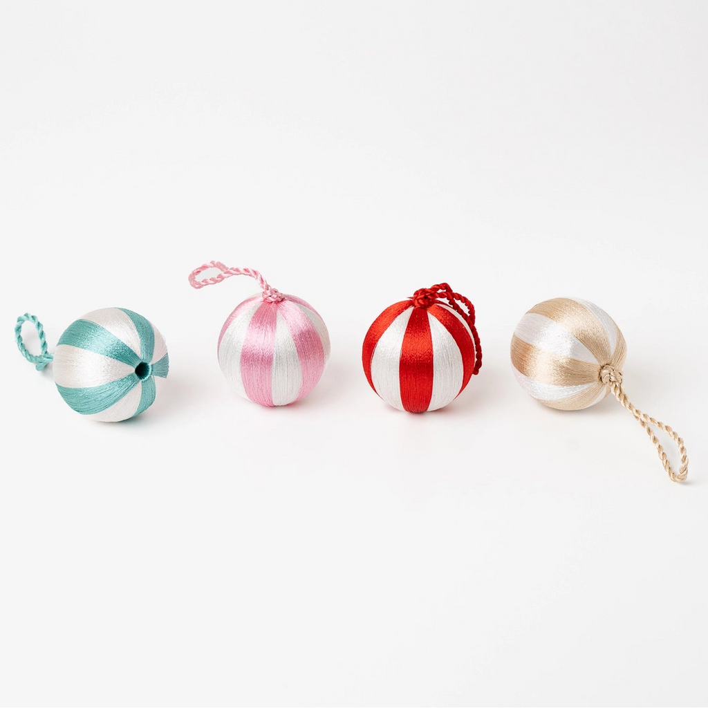 Yod & Co Small Stripe boxed Christmas Baubles (Set of 4) Multi-colour & White