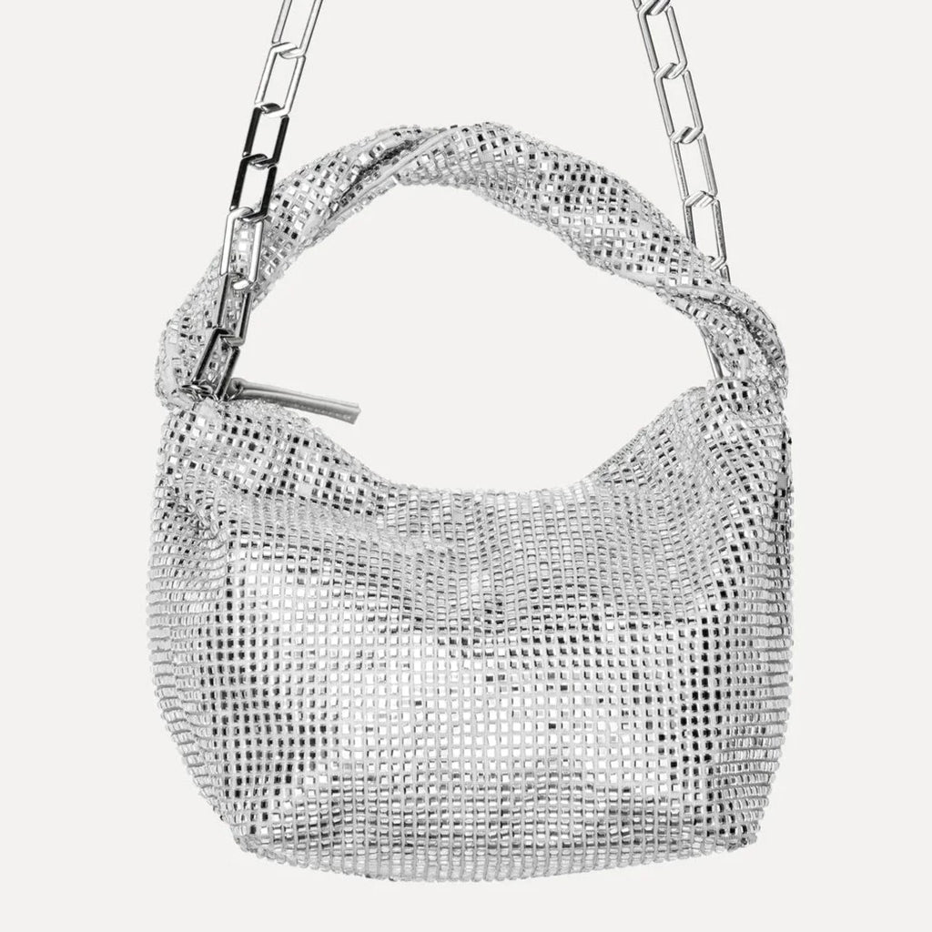 silver mirrored diamante rhinestone top handle bag with metal chain strap by Stine Goya