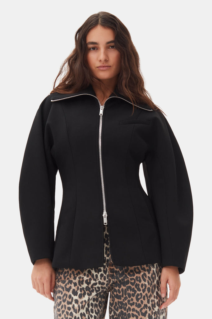 ganni black bonded crepe curve sleeve fitted jacket wide collar double zip