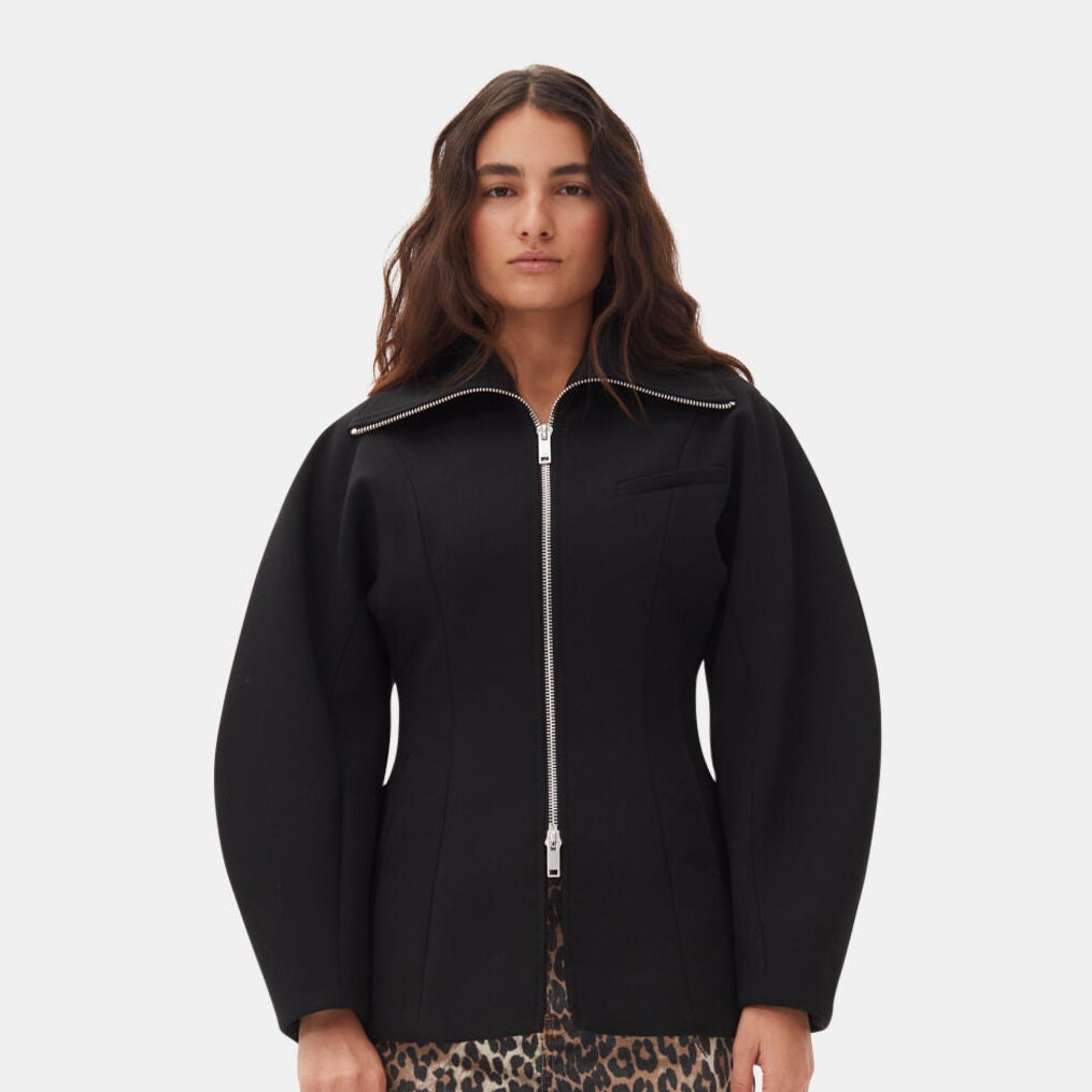 ganni black bonded crepe curve sleeve fitted jacket wide collar double zip