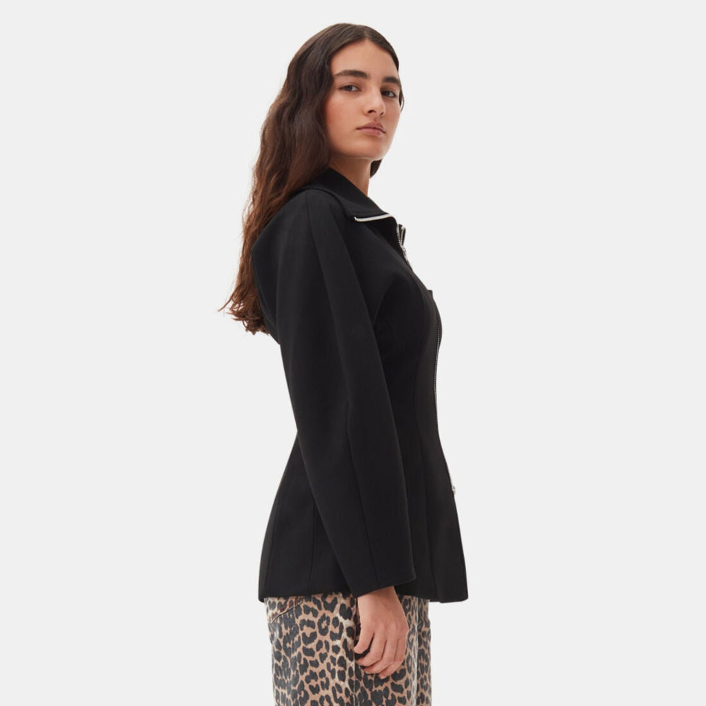 ganni black bonded crepe curve sleeve fitted jacket wide collar double zip