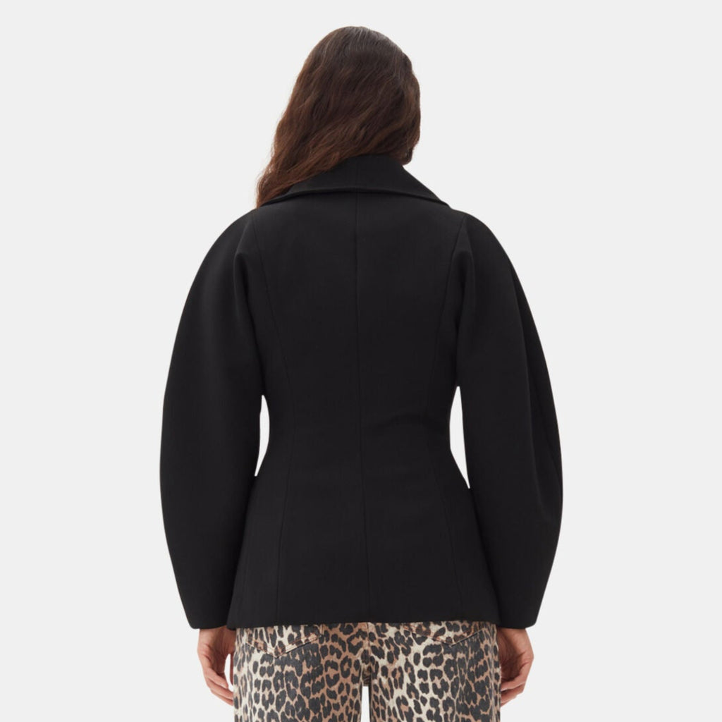 ganni black bonded crepe curve sleeve fitted jacket wide collar double zip