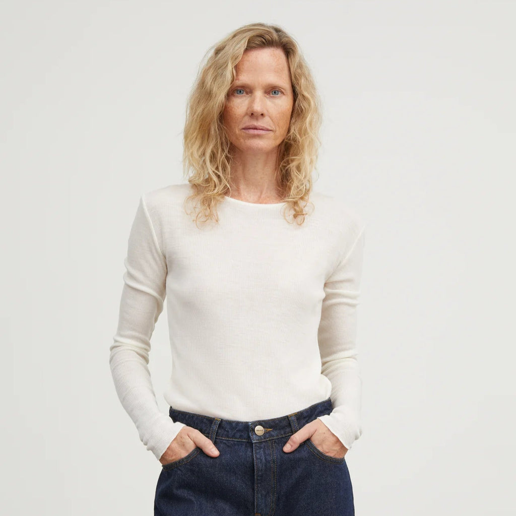 Skall Studio Amy GOTS certified organic merino wool soft rib long sleeve blouse top off white