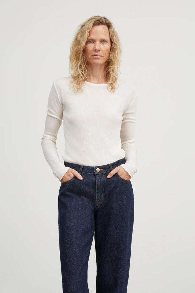 Skall Studio Amy GOTS certified organic merino wool soft rib long sleeve blouse top off white