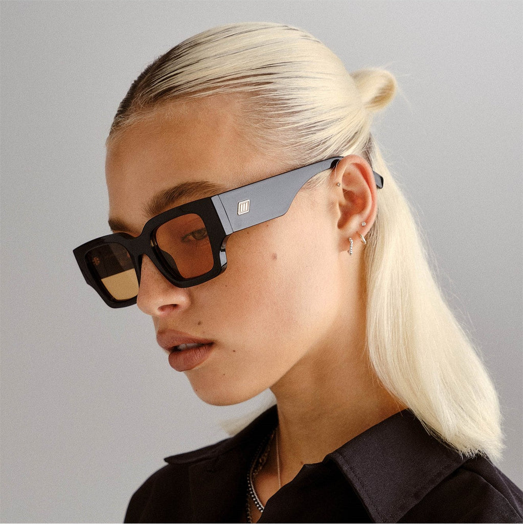 le specs black rectangle D-frame atlantis warm yellow lens sunglasses