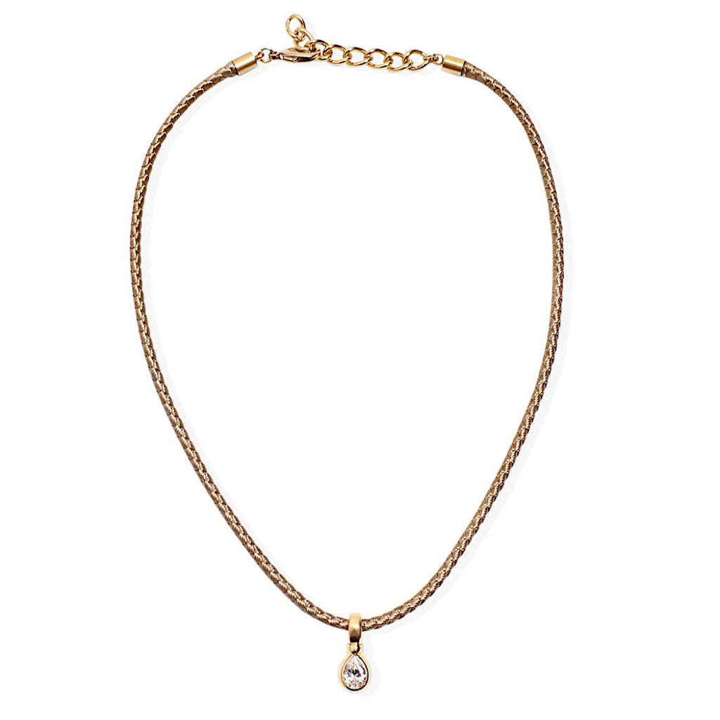 By Alona Auralis necklace from TAUPE braided cord 18K gold teardrop pendant with a sparkling cubic zirconia stone